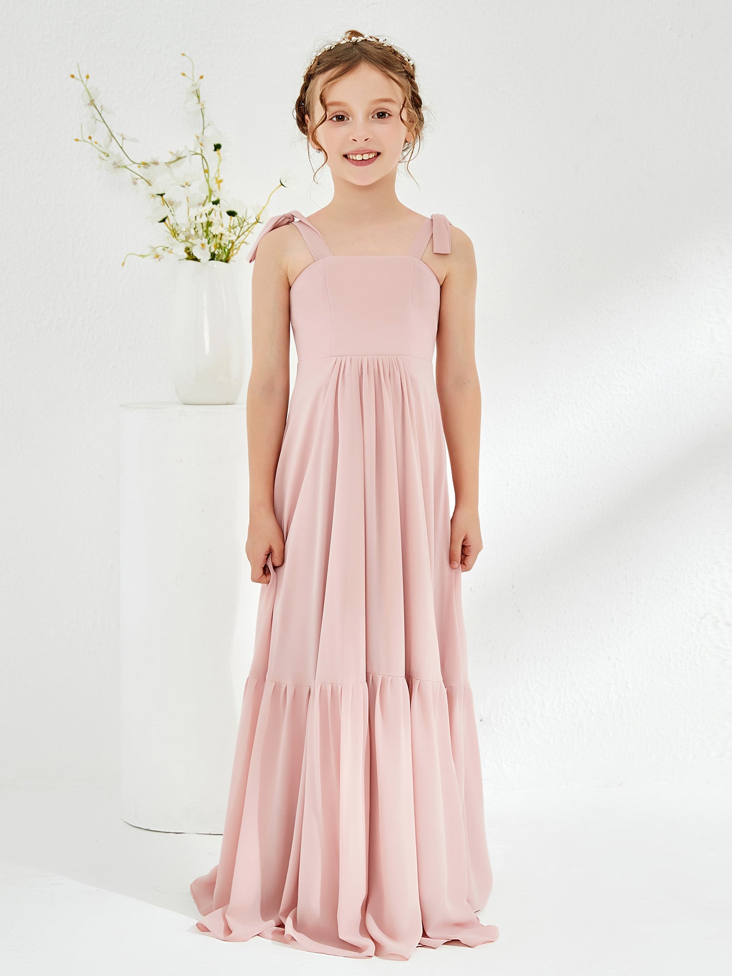 Elegant A-Line Bow Ruffle Junior Bridesmaid Dresses Dusty Rose